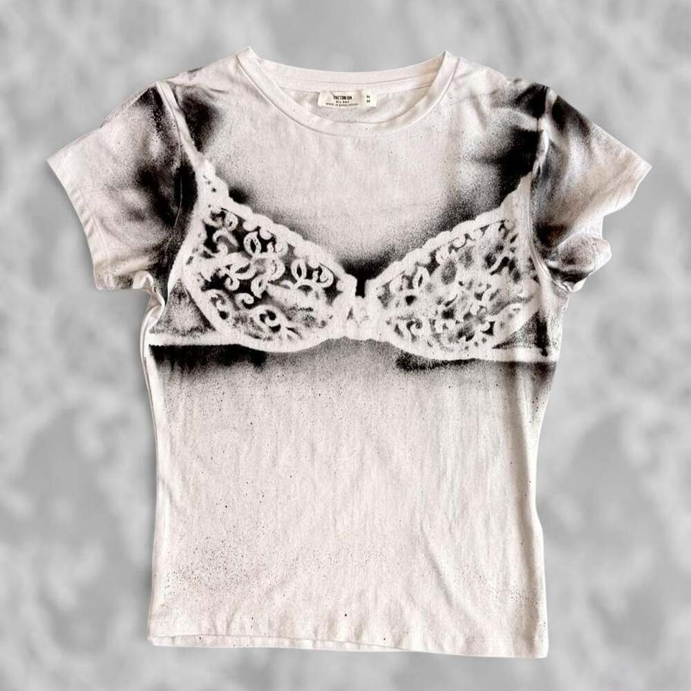 Cotton On Airbrush Lace Graphic T-Shirt Size M White Black Y2K Alt